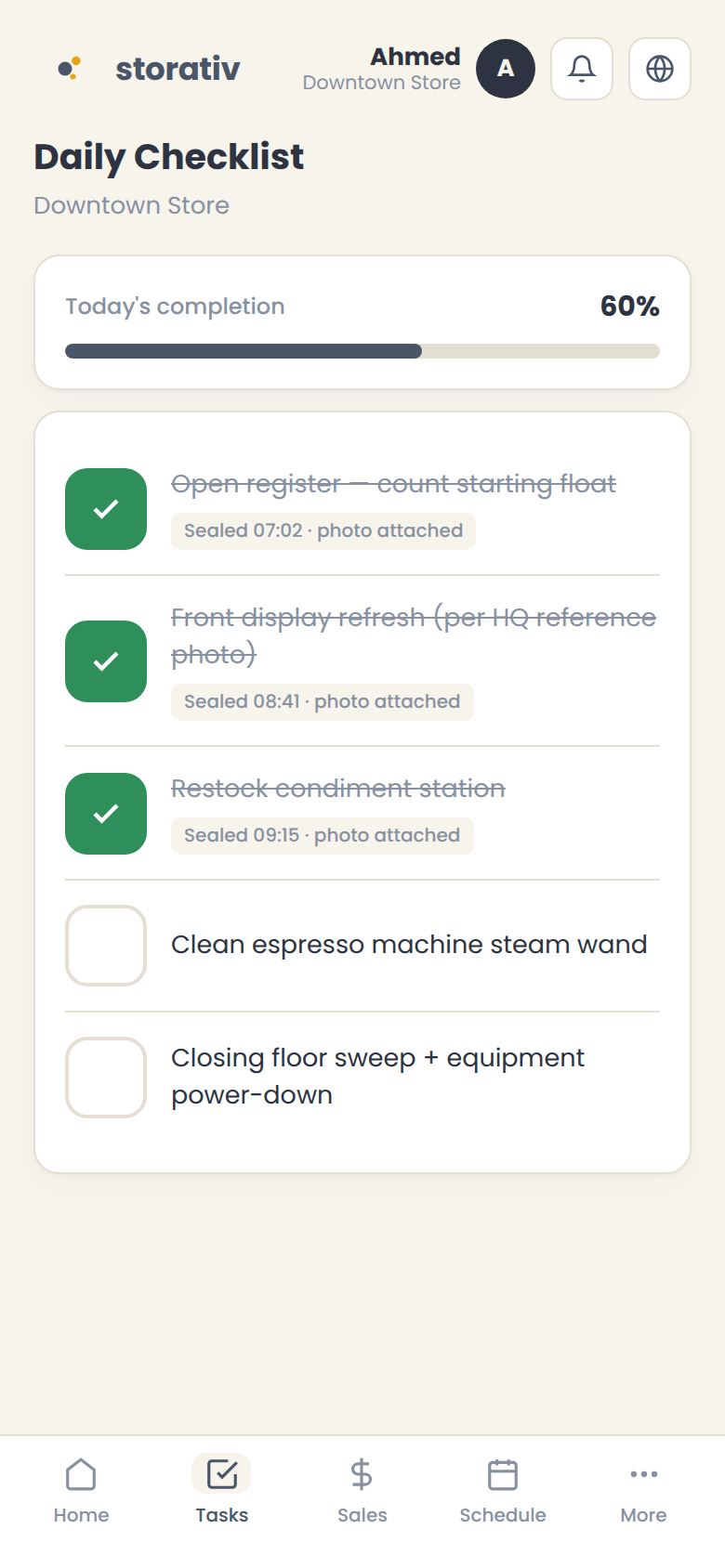 Storativ daily checklist showing completed tasks with photo proof and timestamps