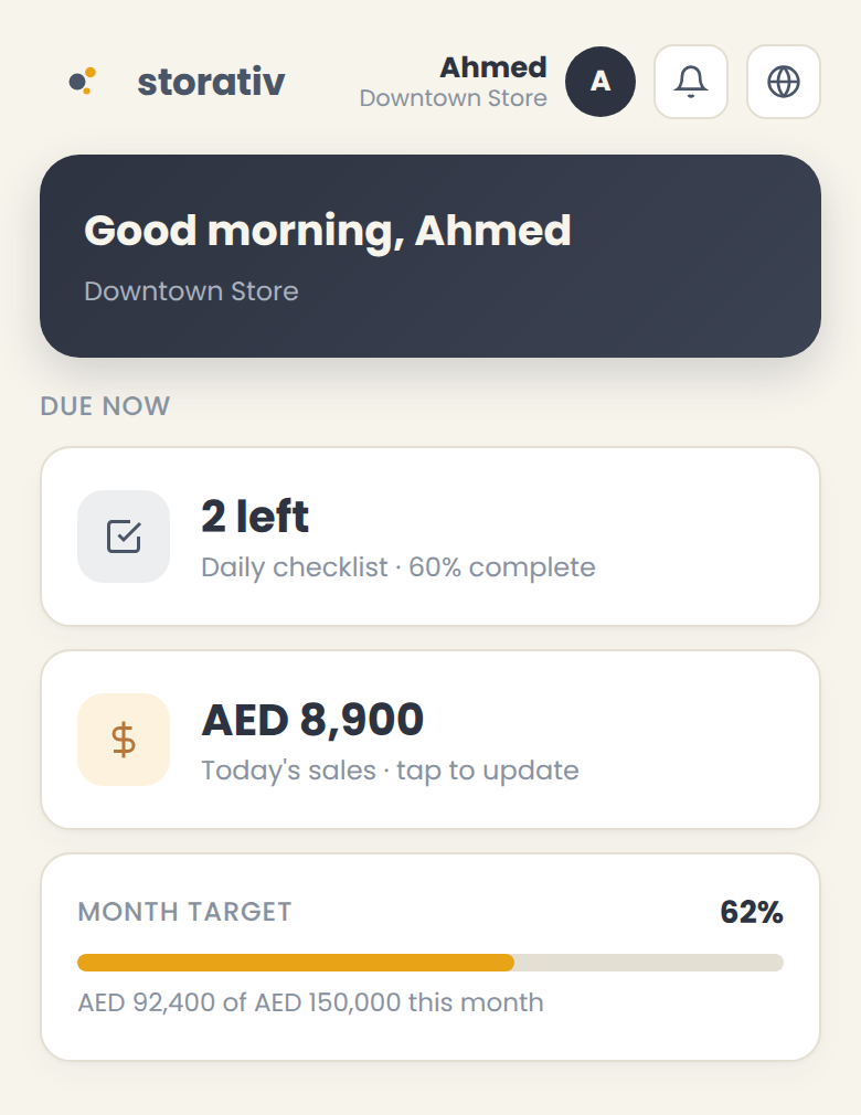 Storativ frontline app home screen showing today's tasks and sales